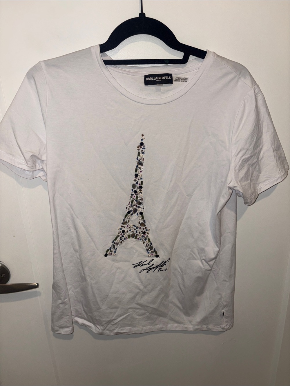 Karl Lagerfeld White Tee with Embellished Eiffel Tower